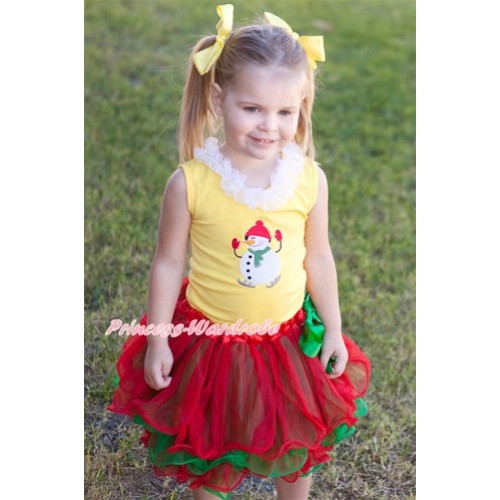 Xmas Yellow Baby Pettitop with Ice-Skating Snowman Print with White Chiffon Lacing with Kelly Green Bow Red Green Petal Newborn Pettiskirt BG94 